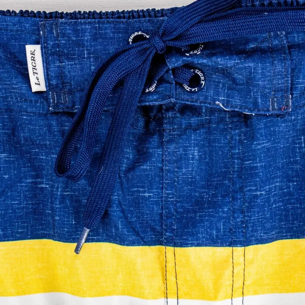 Le Tigre Men’s Medium Vintage Board Shorts Blue Yellow Striped Swim Trunks